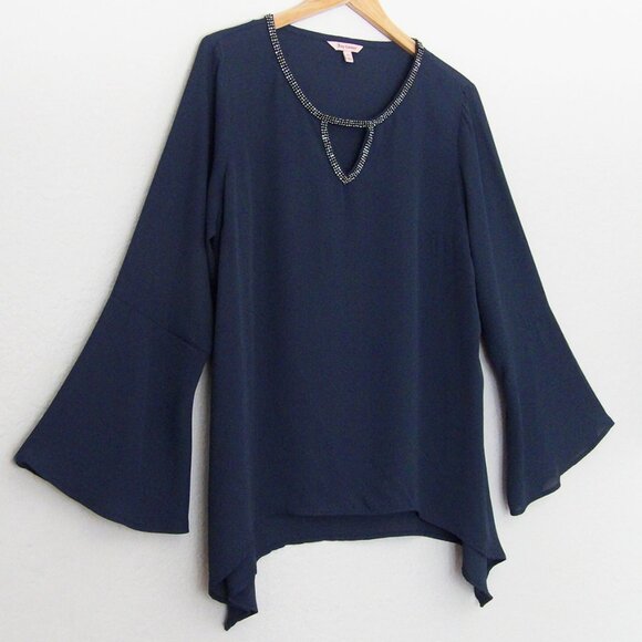 JUICY COUTURE Jewel Keyhole Bell Sleeve Shark-Bite Hem Blouse Top XL Fairy Y2K - Picture 1 of 13